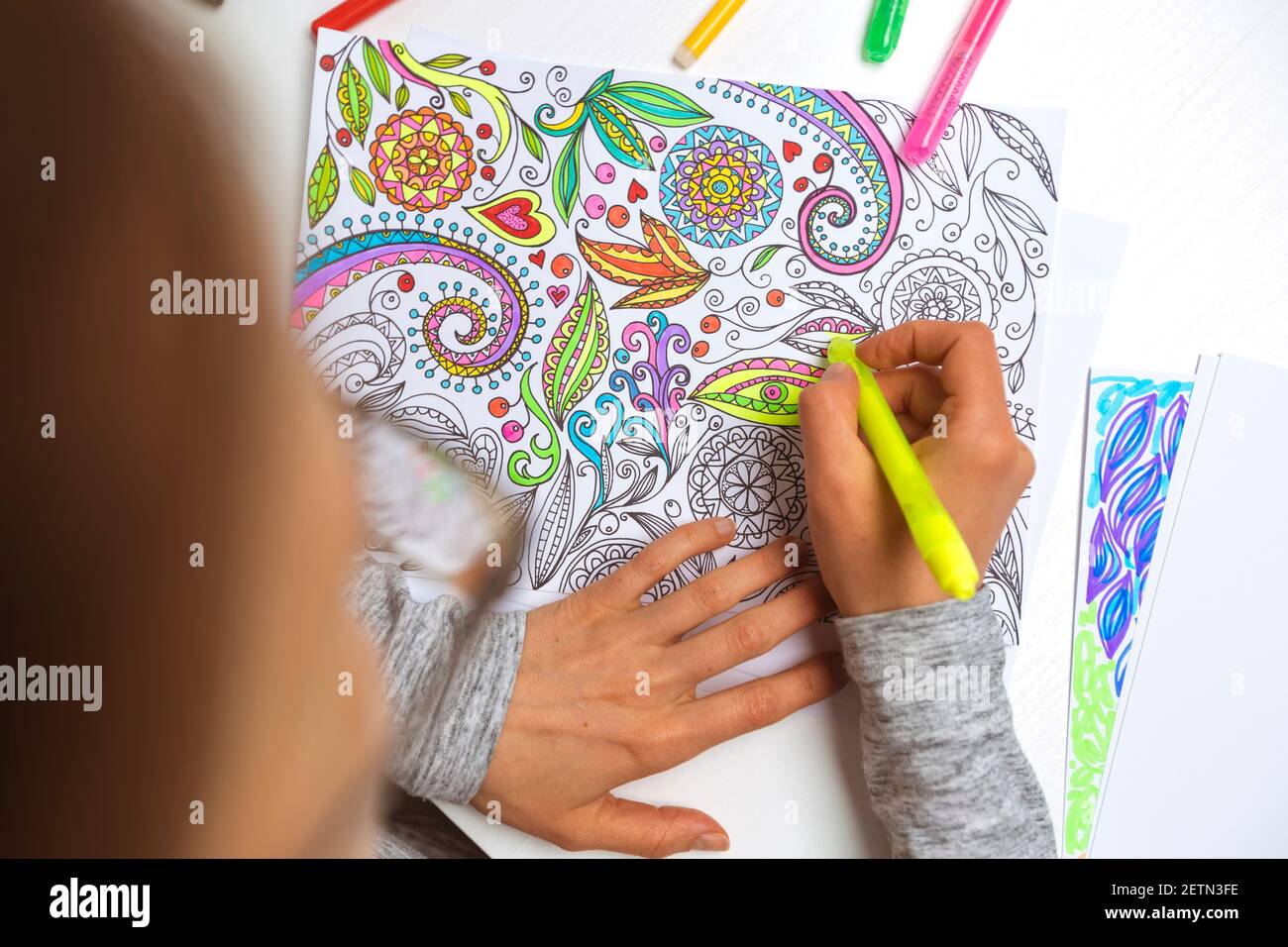Coloring book for adults. Drawing as a hobby. Concentration activities to relieve stress Stock Photo Alamy