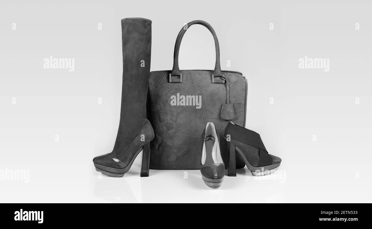 Fashionable and stylish shoe and handbag for woman. Studio shoot. Stock Photo