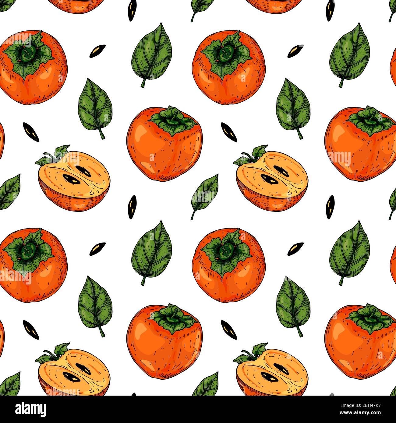 Colorful seamless pattern with hand drawn persimmon fruits and slices ...