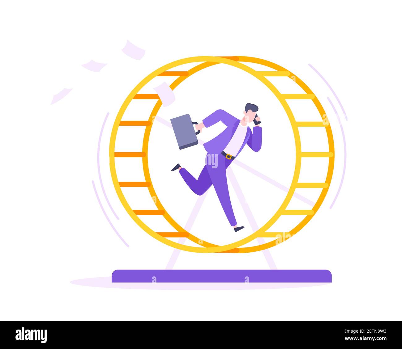 Rat race business concept with businessman running in hamster wheel working hard and always busy flat style design vector illustration. Tired workahol Stock Vector