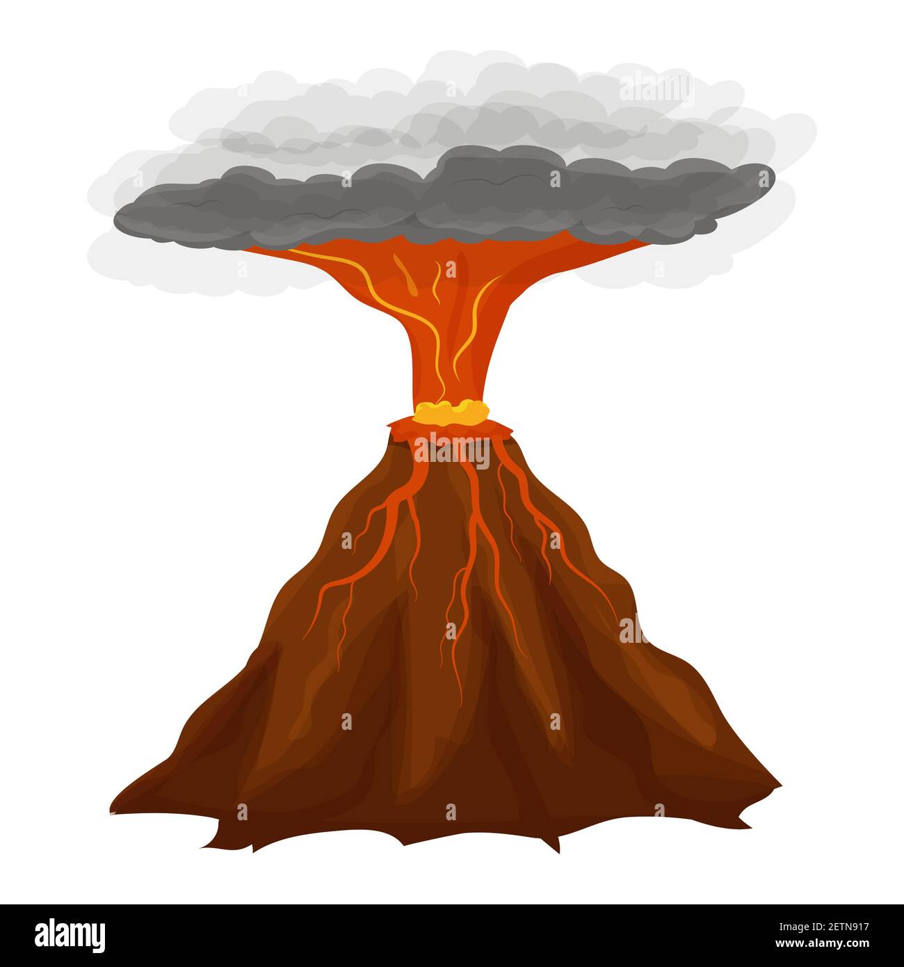 Volcano eruption in cartoon style isolated on white background stock vector illustration. Active mountain, explosion with lava and smoke. Element, boulder. Vector illustration Stock Vector