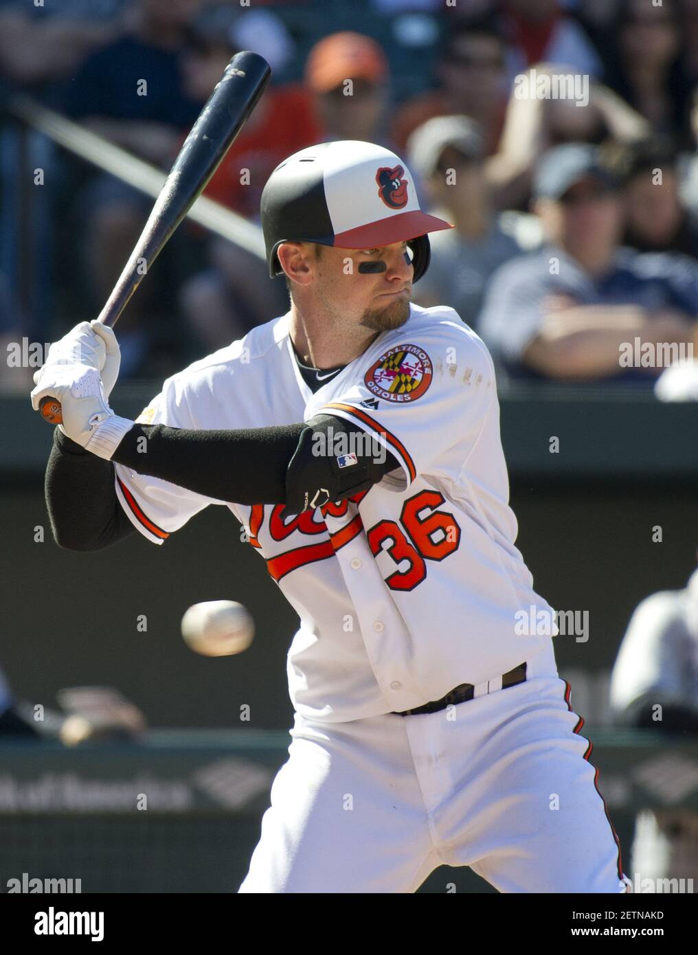 Baltimore Orioles catcher Caleb Joseph (36) bats in the sixth inning  against the New York Yankees at Oriole Park at Camden Yards in Baltimore,  MD on Sunday, April 9, 2017. The Yankees