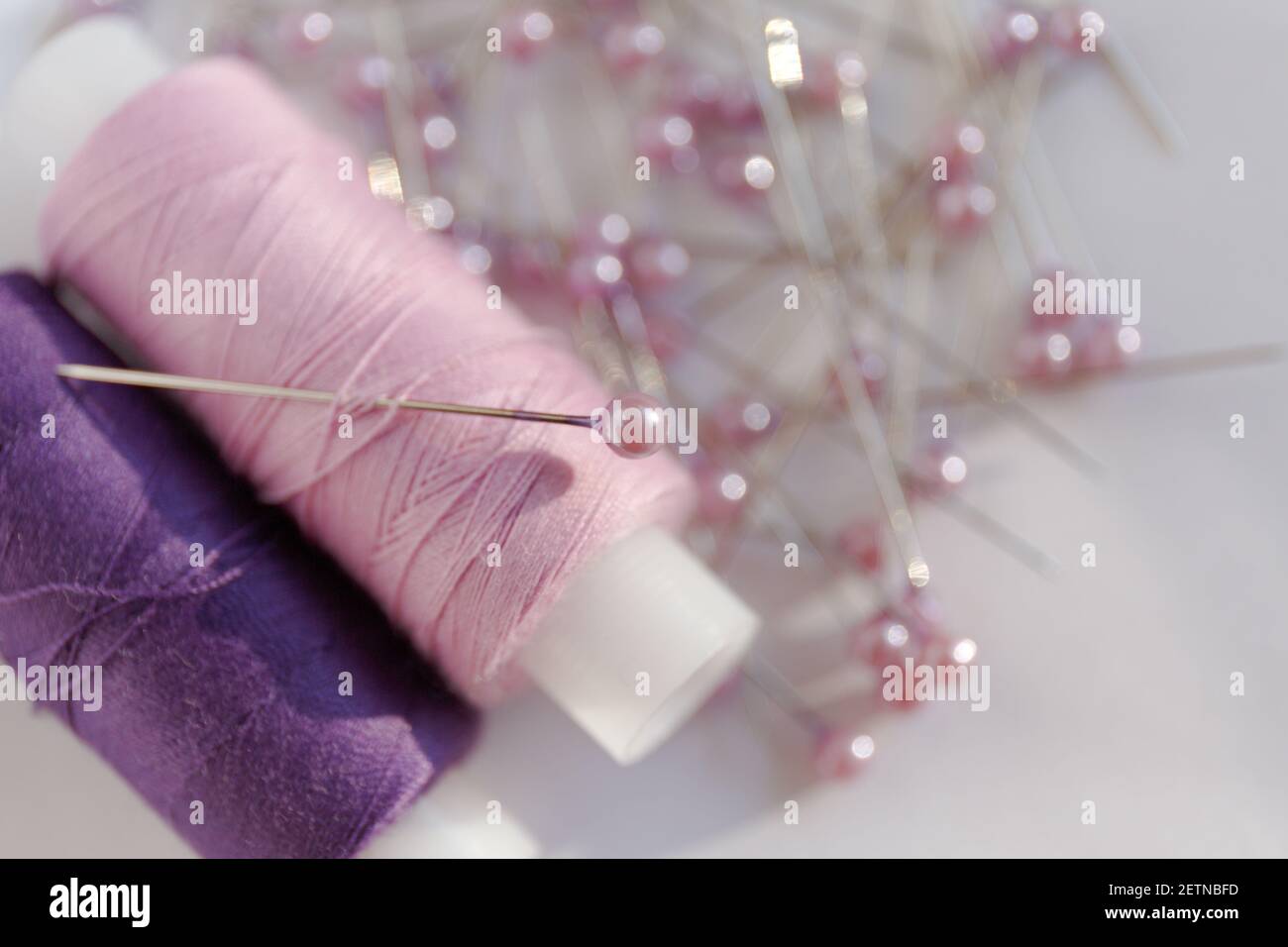 Pink and purple threads in reels on a blur background of pins with pink pearl heads. Close-up photo Stock Photo