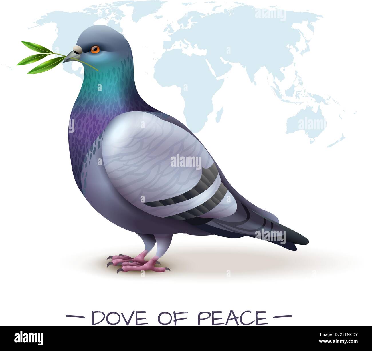 Bird background with image of pigeon holding branch with green leaves in front of world map vector illustration Stock Vector