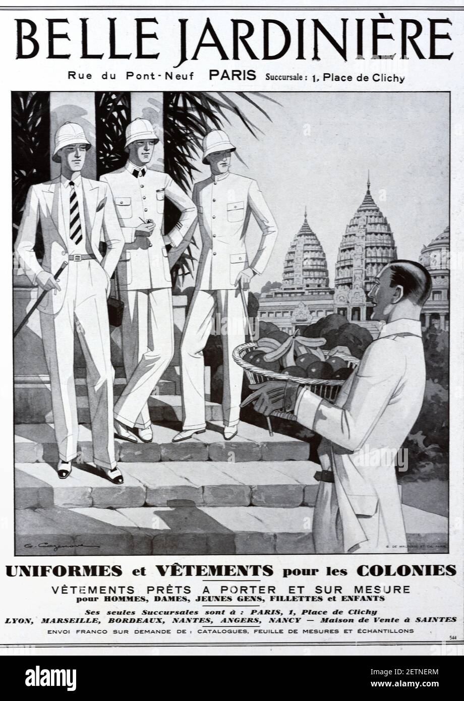 French Men Wearing Colonial Style Clothes or Colonial Clothing including Pith Helmets or Sola Topee Shot Against Background of Angkor Wat Temples Cambodia, then Indochina. Vintage Advert or Publicity for the up-market Belle Jardiniière Clothes Shop in Paris 1931 Stock Photo