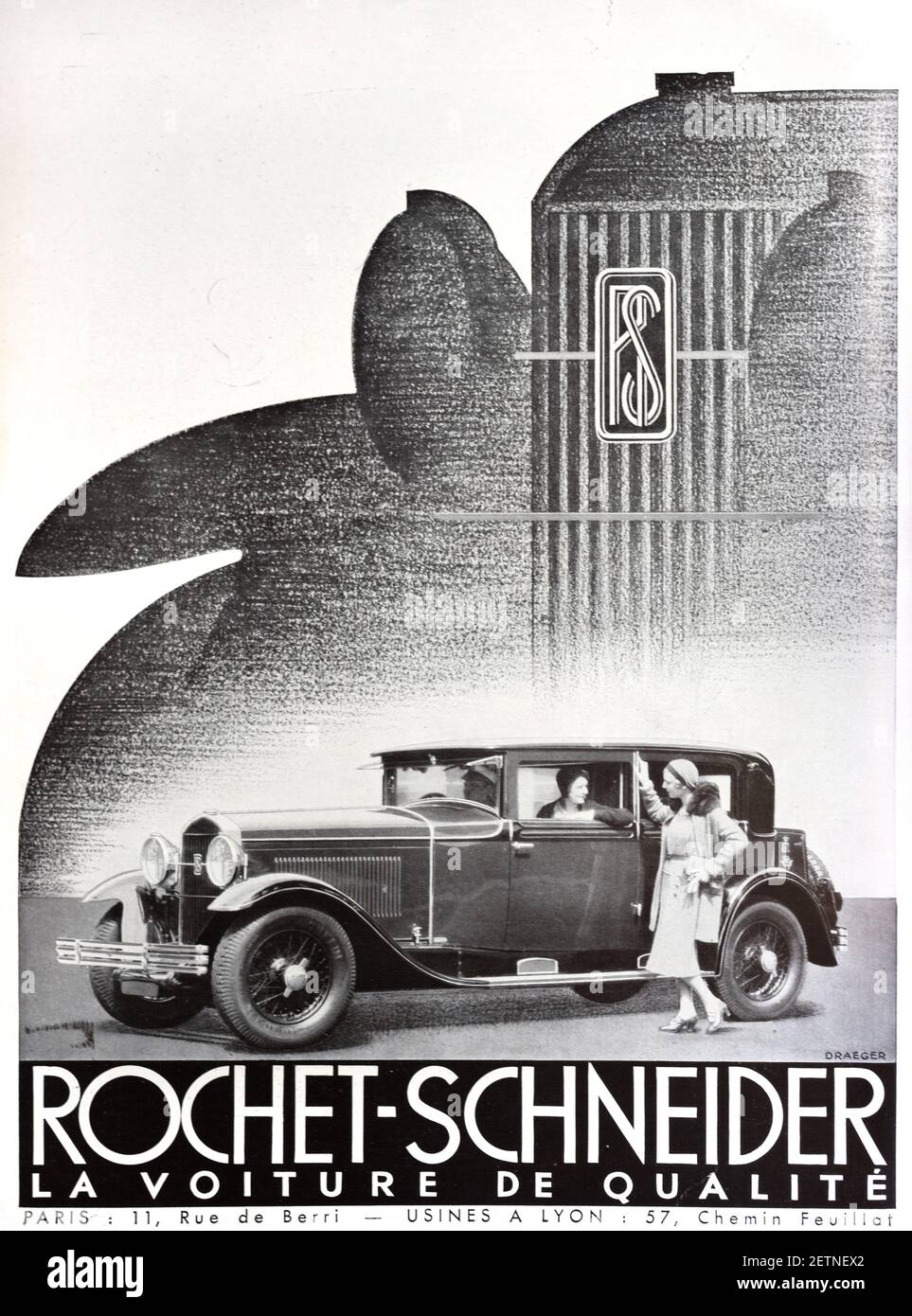 Vintage Advert or Publicity for Rochet-Schneider Luxury Vintage Car or Luxury Automobile with Flapper Woman 1931 Stock Photo