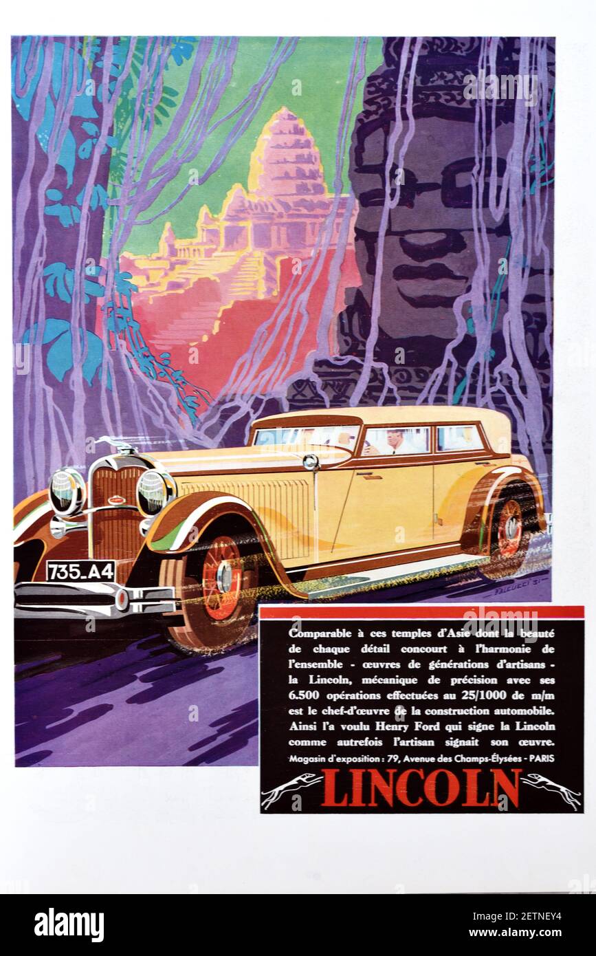 Vintage Advert, Advertisement or Publicity for Luxury Vintage Lincoln Model L Sedan Car Shot Against Background of the Angkor Wat Temple Ruins in Cambodia with Banyan Roots 1931 Stock Photo
