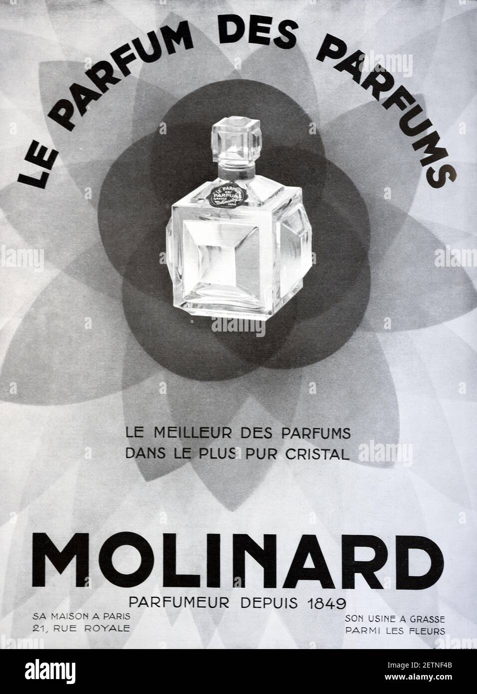 Vintage Advert, Advertisement or Publicity for Molinard Perfume in Art Deco Flacon or Perfume Bottle set in centre of Lotus Flower 1931 Stock Photo