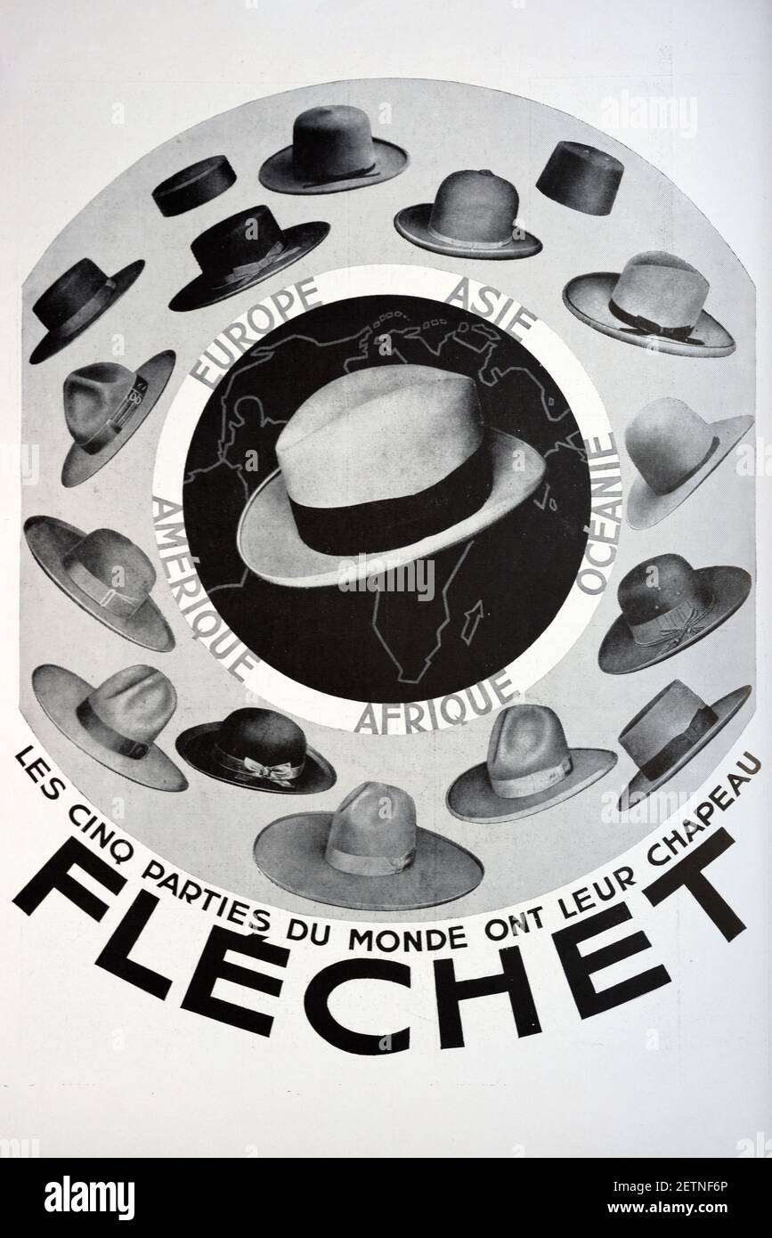 Vintage Advert, Advertisement or Publicity for Fléchet Hats with Display of Different Types of Hats from Around the World including Fedora, Homburg, Panama, Stetson and Sombrero Hats1931 Stock Photo