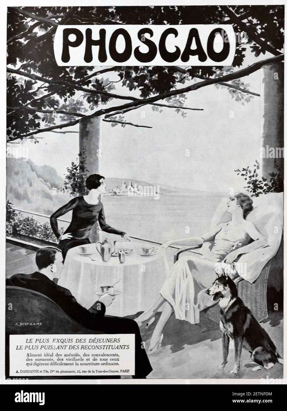 Vintage Advert, Advertisement or Publicity for Phoscao, a Chocolate Flavoured Breakfast Drink France 1931. The illustration Shows a Man & a Couple of Flapper Women, probably Tourists, Taking Breakfast, Bruch or Afternoon Tea Against the Backdrop of Antibes on the Côte-d'Azur or French Riviera France. Stock Photo