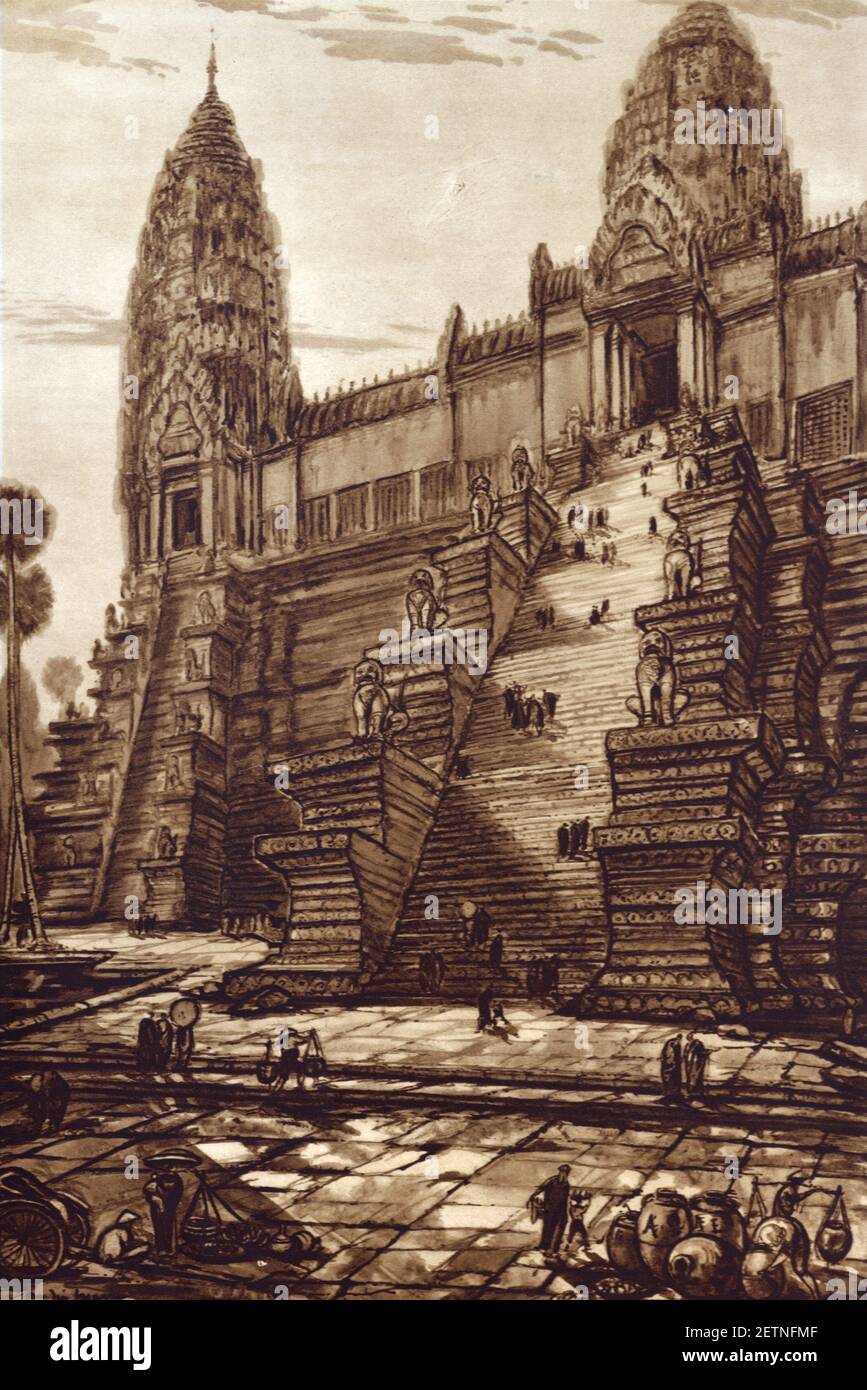 Sepia Engraving of Monumental Staircase & Angkor Wat Temple Ruins Cambodia 1931 Illustration or Vintage Engraving Stock Photo