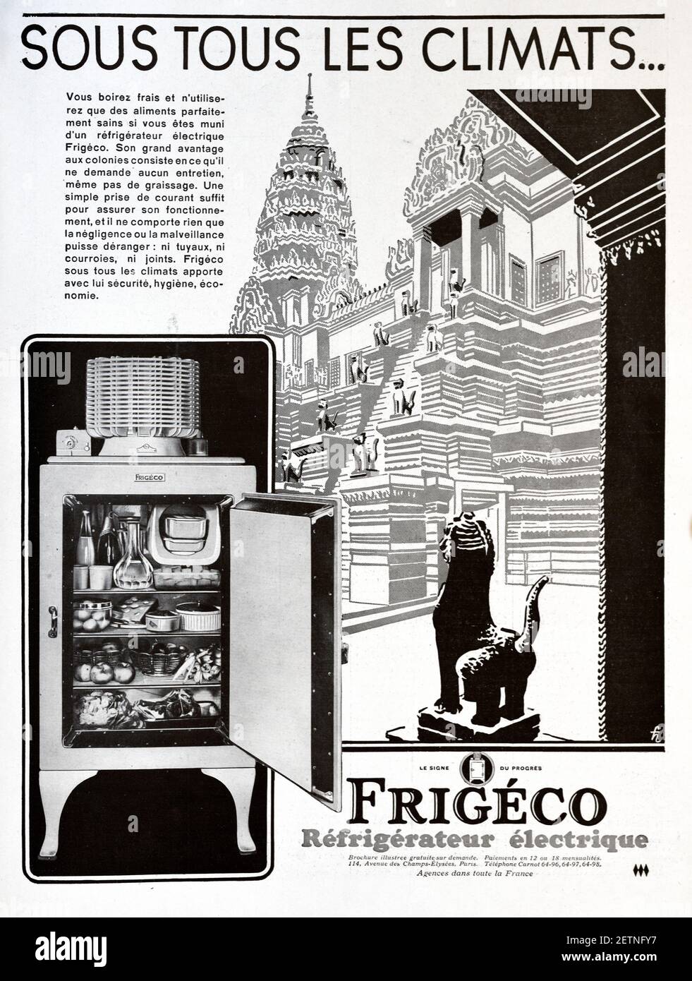 Vintage Advert, Advertisement or Publicity for Early Frigéco Electric Refrigerator or Fridge among Ruins of Angkor Wat Temples or Temple Ruins Cambodia 1931 Stock Photo