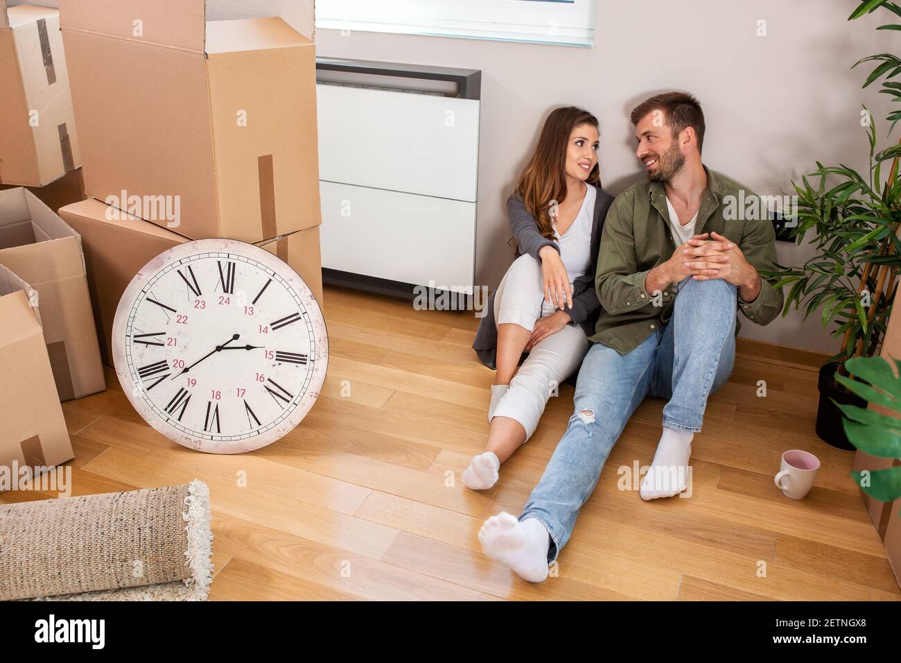 Lovebirds taking a break from unpacking and resting awhile Stock Photo