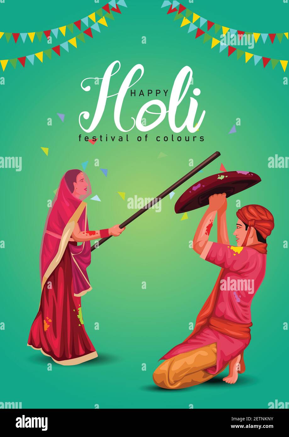 happy holi indian festival. women beat up men with long sticks as a ritual in the Lathmar . vector illustration Stock Vector