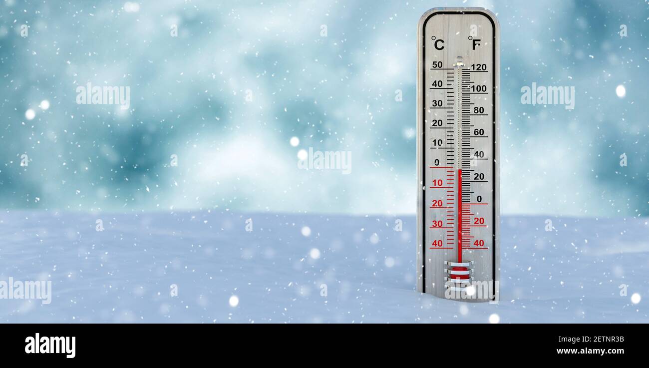 Snowfall, cold winter days. Weather thermometer outdoors in snow, frosty  environment, temperature 30 degrees Fahrenheit, copy space. Measurement and  i Stock Photo - Alamy