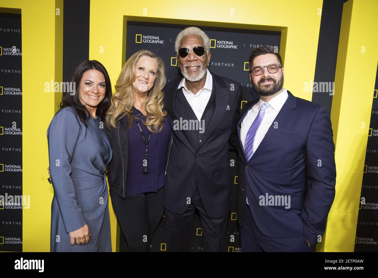NEW YORK - APRIL 19: (L-R) CEO of National Geographic Global Networks  Courteney Monroe, Lori McCreary Executive Producer, Morgan Freeman  Actor/Host and Tim Pastore President of Original Programming & Production,  National Geographic