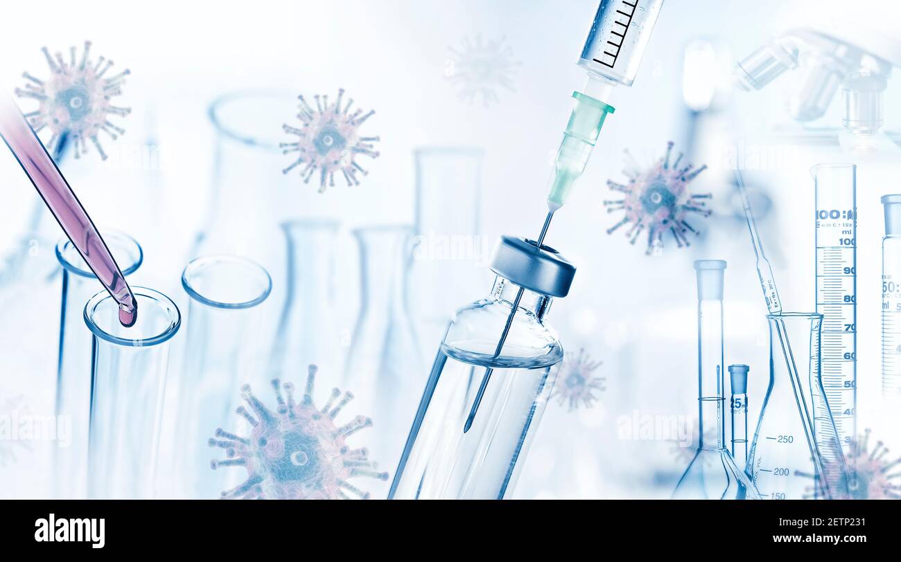Viruses, syringe and microscope as well as many other laboratory utensils Stock Photo