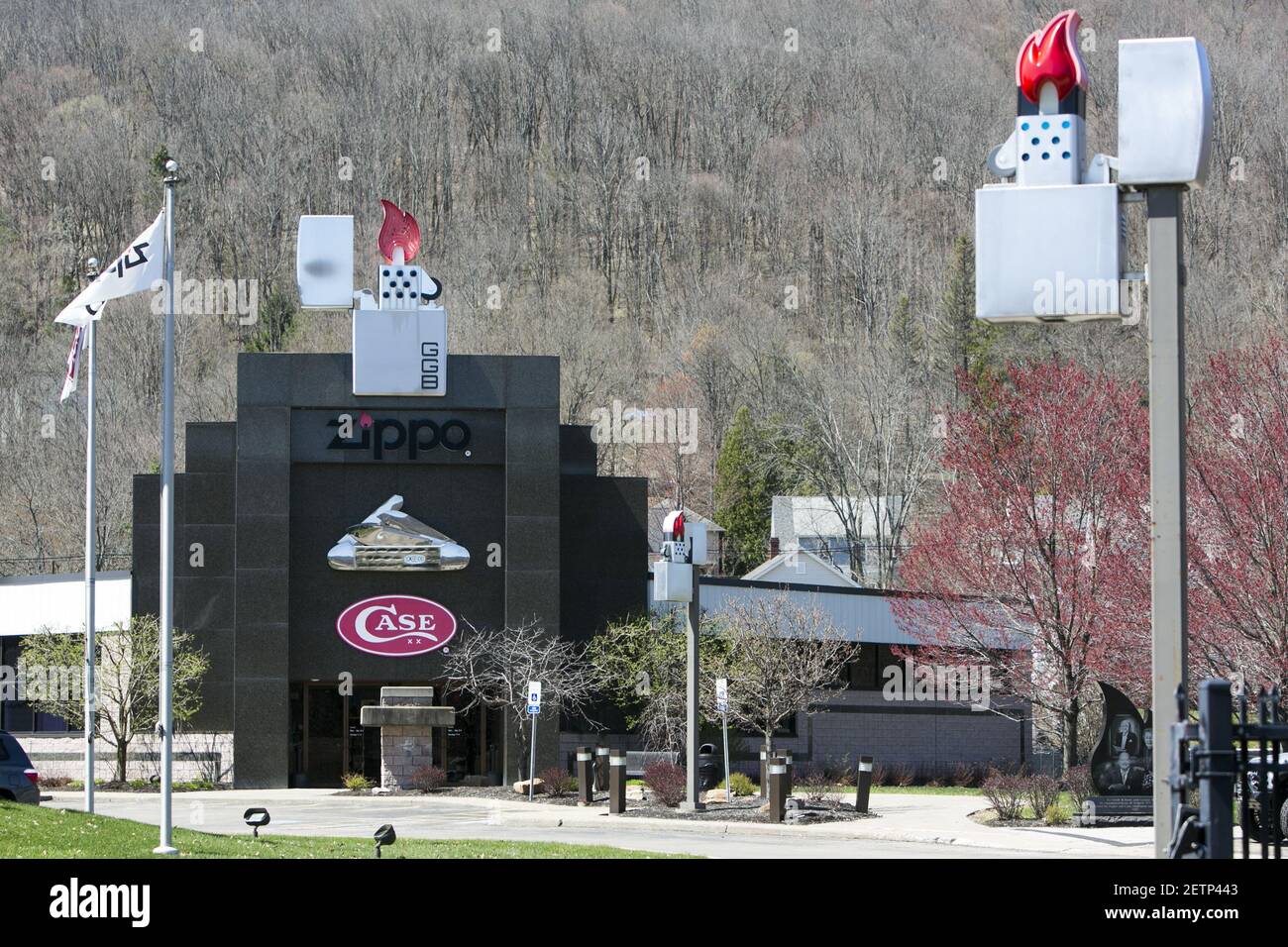 A logo sign outside of the Zippo/Case visitors center of the Zippo  Manufacturing Company, maker of Zippo lighters, in Bradford, Pennsylvania  on April 14, 2017. Photo by Kristoffer Tripplaar *** Please Use