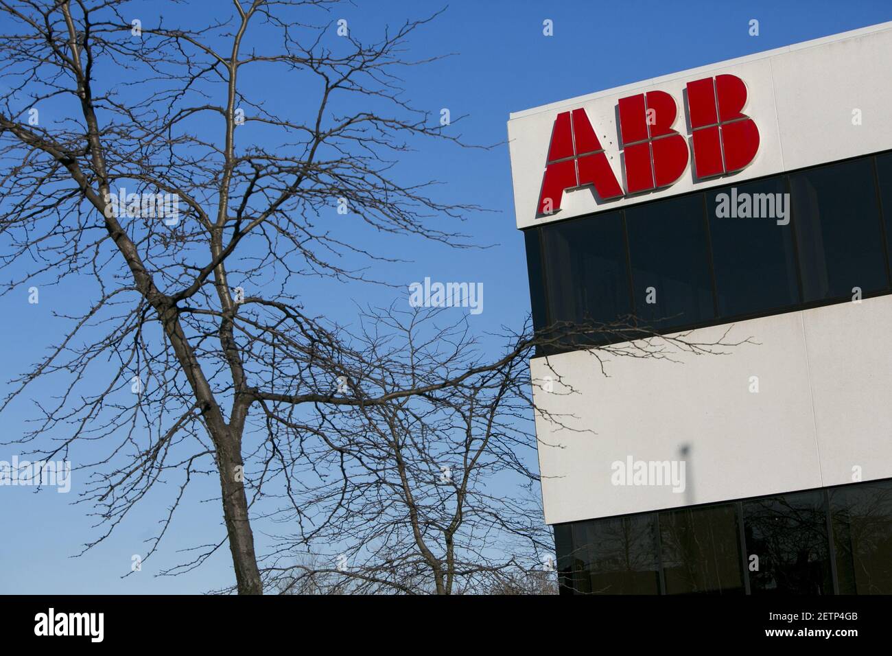 A logo sign outside a facility occupied by ABB in Burlington, ON ...
