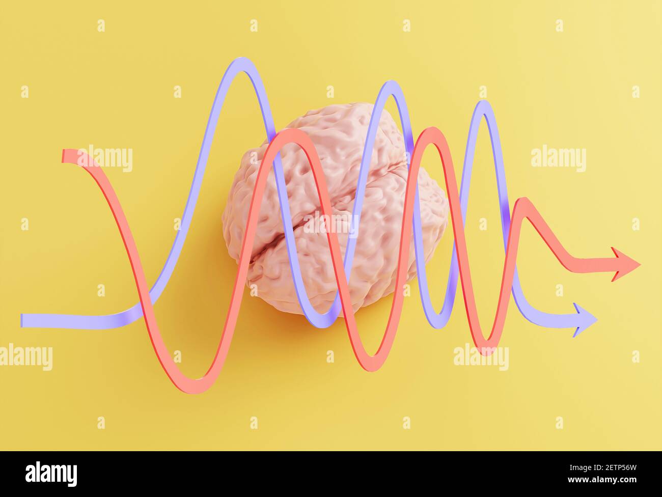 human pink brain model and arrows on yellow background, minimal concept ...