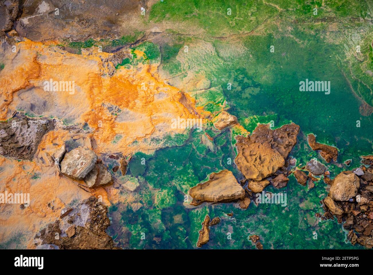 Tepla river bed with colorful minerals deposited by hot water spring in Karlovy Vary, Czech Republic Stock Photo
