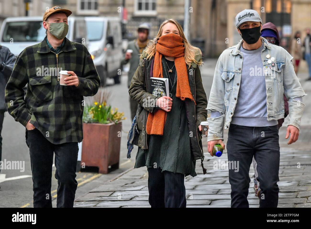 (left to right) Milo Ponsford, Rhian Graham and Jake Skuse arrive at Bristol Crown Court where they and one other are appearing charged with criminal damage over the toppling of the Edward Colston statue in Bristol during the Black Lives Matter protests in June last year. Picture date: Tuesday March 2, 2021. Stock Photo
