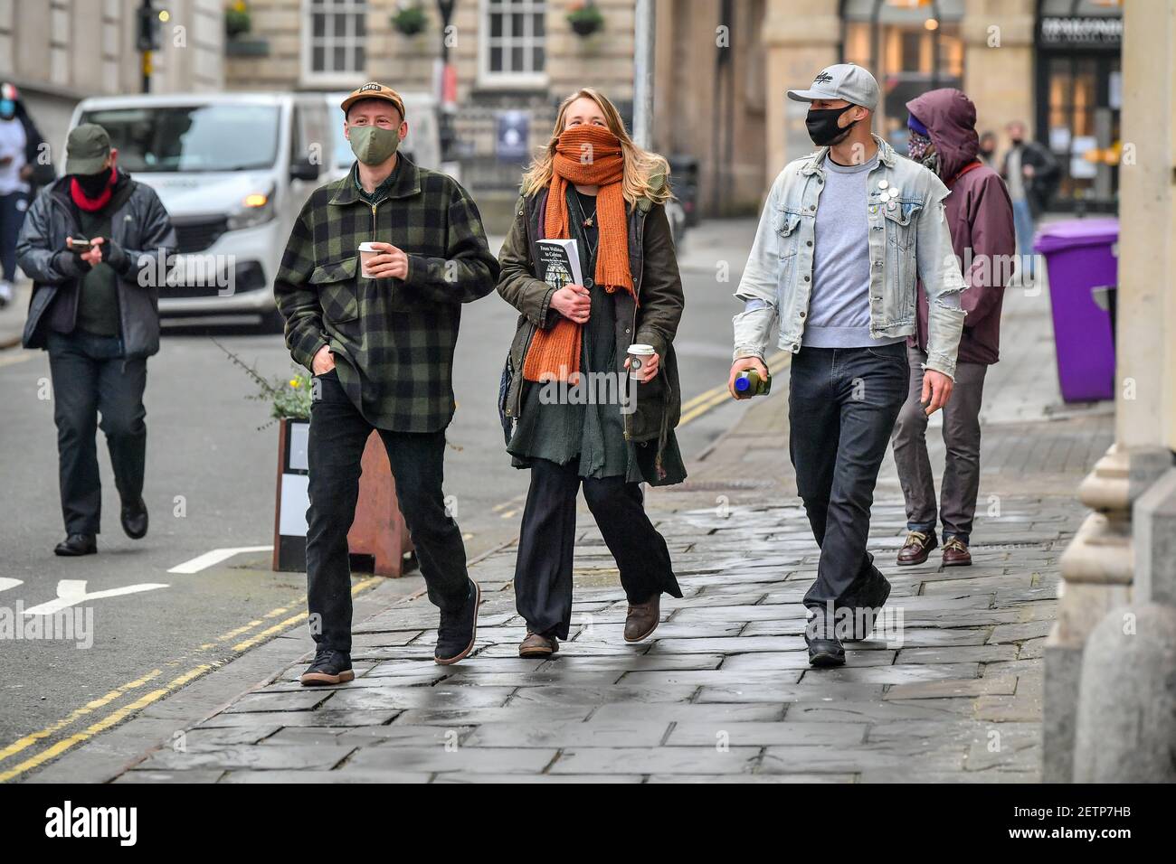 (left to right) Milo Ponsford, Rhian Graham and Jake Skuse arrive at Bristol Crown Court where they and one other are appearing charged with criminal damage over the toppling of the Edward Colston statue in Bristol during the Black Lives Matter protests in June last year. Picture date: Tuesday March 2, 2021. Stock Photo