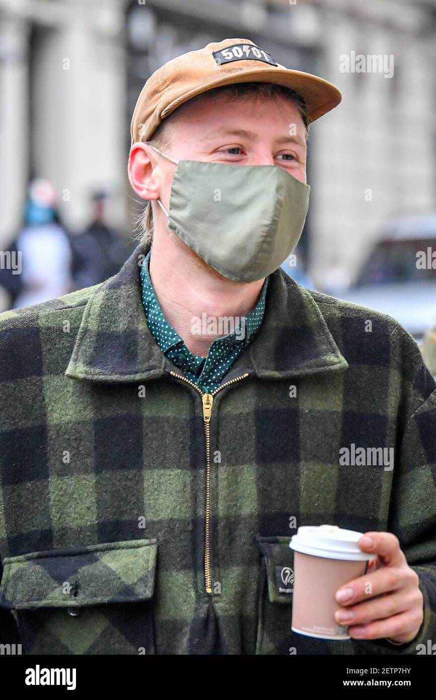 Milo Ponsford arrives at Bristol Crown Court where he and three others are appearing charged with criminal damage over the toppling of the Edward Colston statue in Bristol during the Black Lives Matter protests in June last year. Picture date: Tuesday March 2, 2021. Stock Photo
