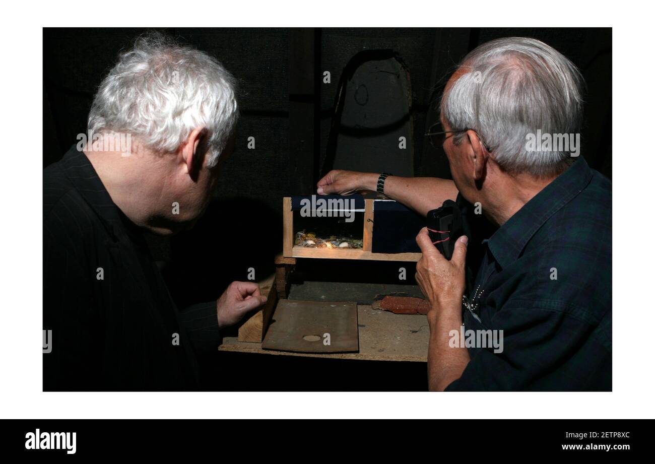 Swifts nest in the tower of the Oxford museum of Natural History, monitored for the last 46 years by Swift guardian Roy Overall (right) visited by Edward Mayer (black Jacket)London Swifts campaignphotograph by David Sandison The Independent Stock Photo