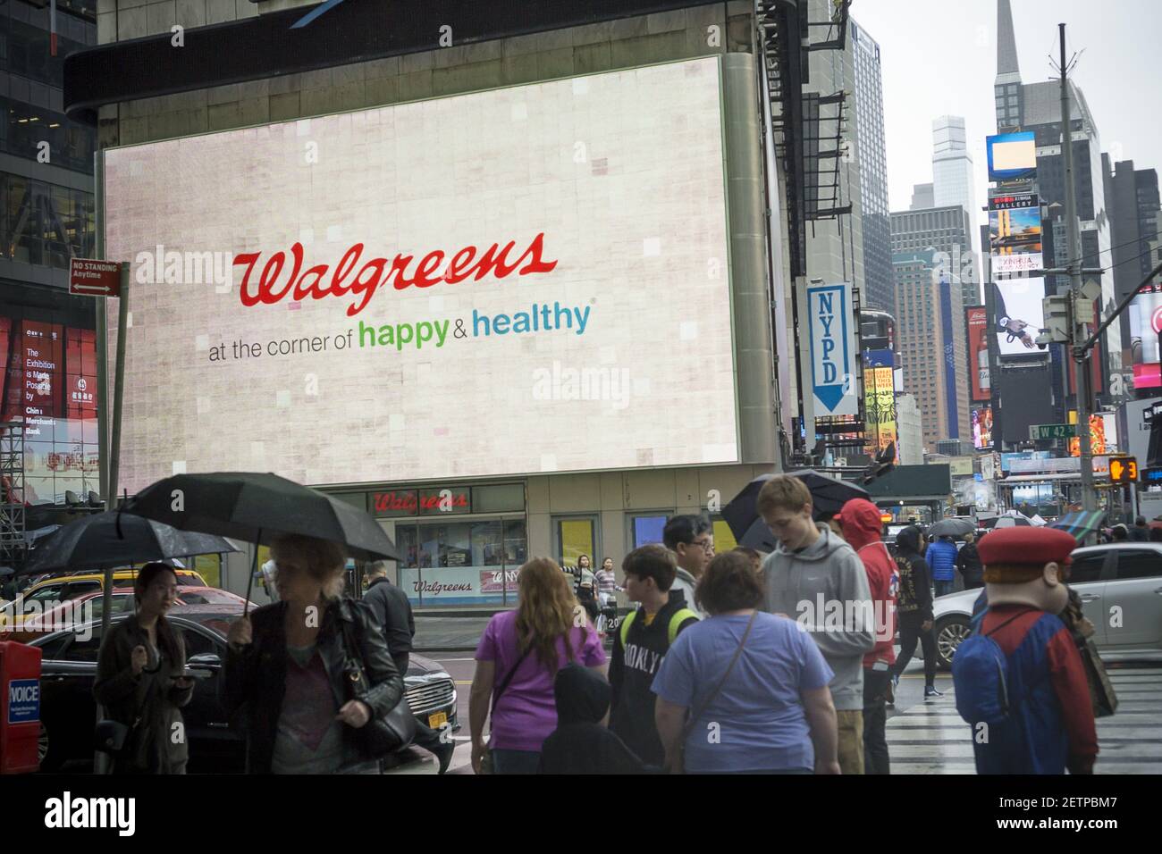The Walgreens drug store at One Times Square in New York is seen on Saturday, April 22, 2017. The Federal Trade Commission is considering fling a lawsuit to block the Walgreens Boots Alliance-Rite Aid acquisition. (Photo by Richard B. Levine) *** Please Use Credit from Credit Field *** Stock Photo