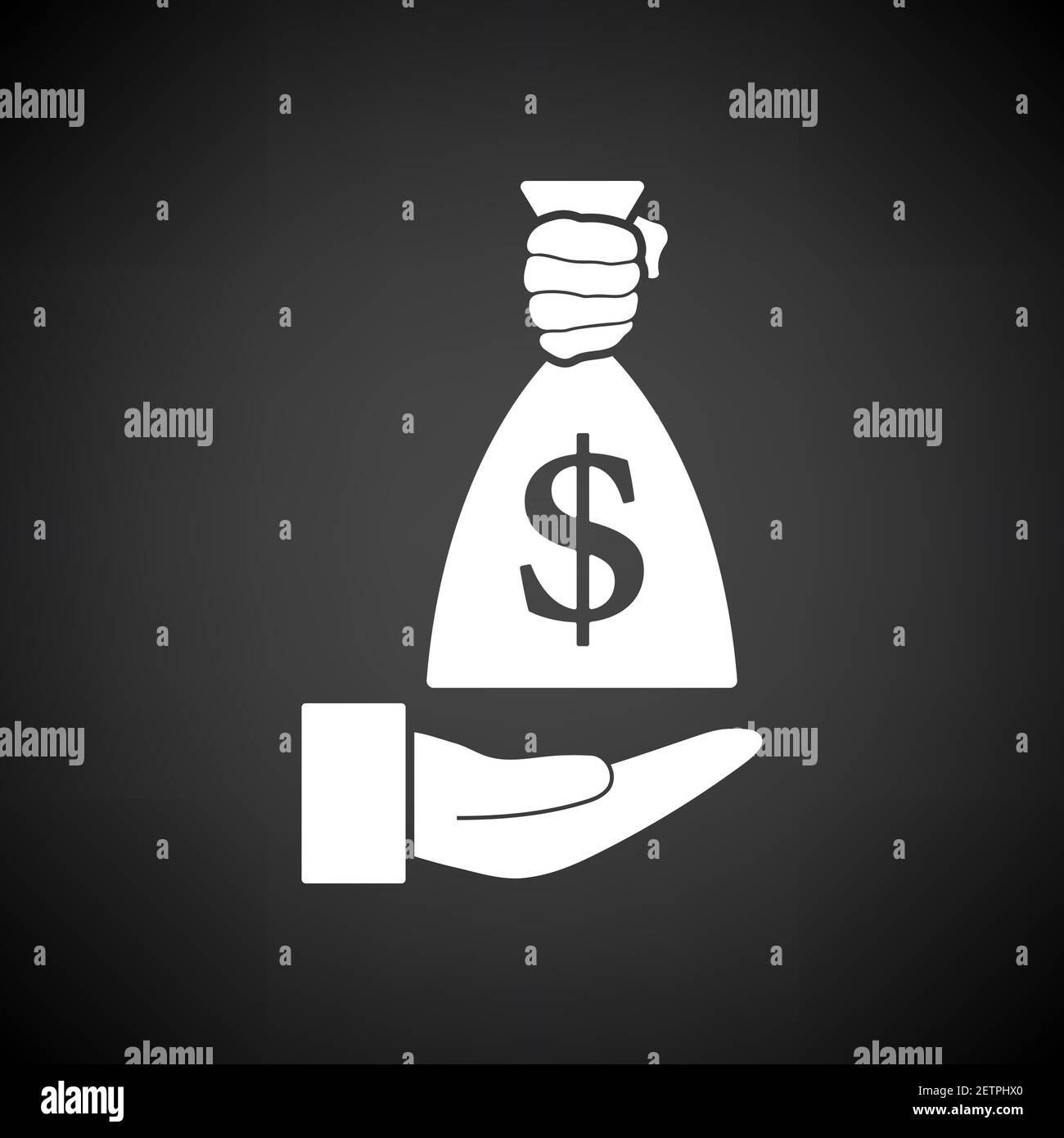 Hand Holding The Money Bag Icon. White on Black Background. Vector ...