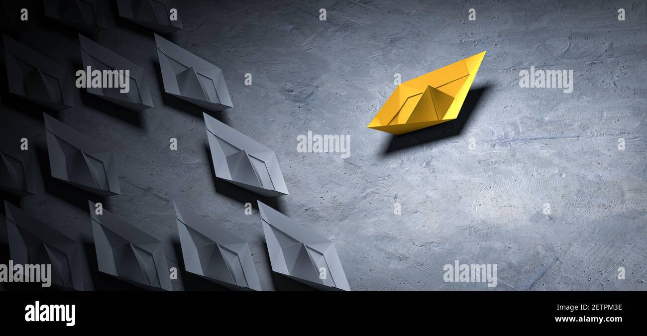 Opportunities Business Concept - step out of your comfort zone - Paper Boat Change Direction - Opportunity for change in business management. One not Stock Photo