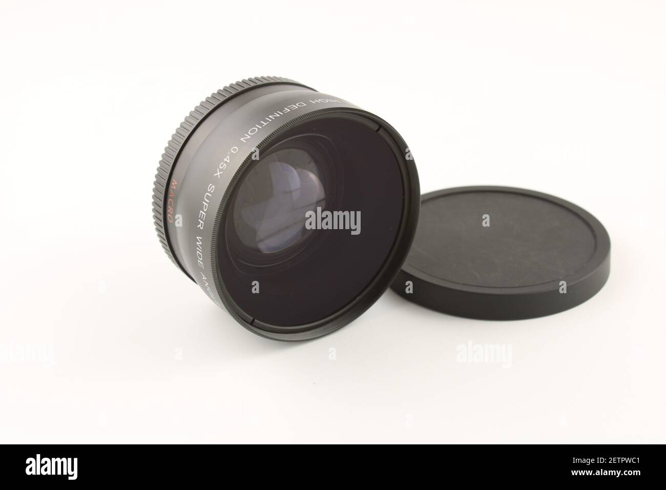 Camera lenses telephoto, wide angle and macro, isolated on white Stock