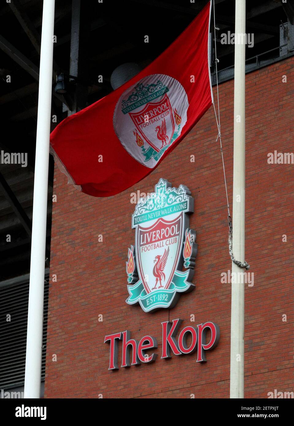 The Liverpool flag flies at half-mast following the death of Former  Liverpool and Scotland striker Ian St John at the age of 82. Picture date:  Tuesday March 2, 2021 Stock Photo - Alamy