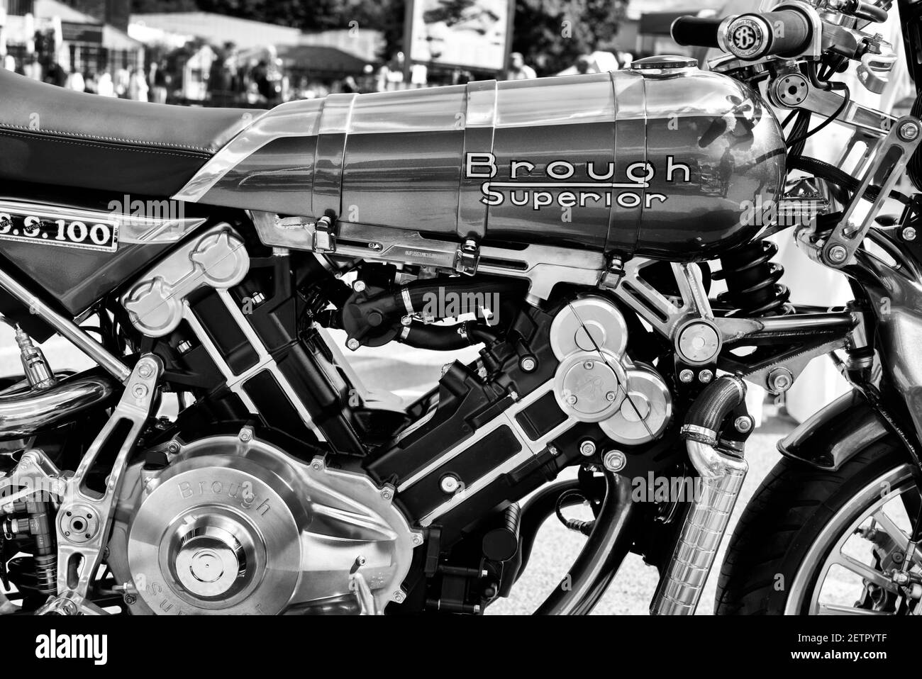 2016 Brough Superior SS100 Motorcycle. Classic British Motorcycle. Black and white Stock Photo