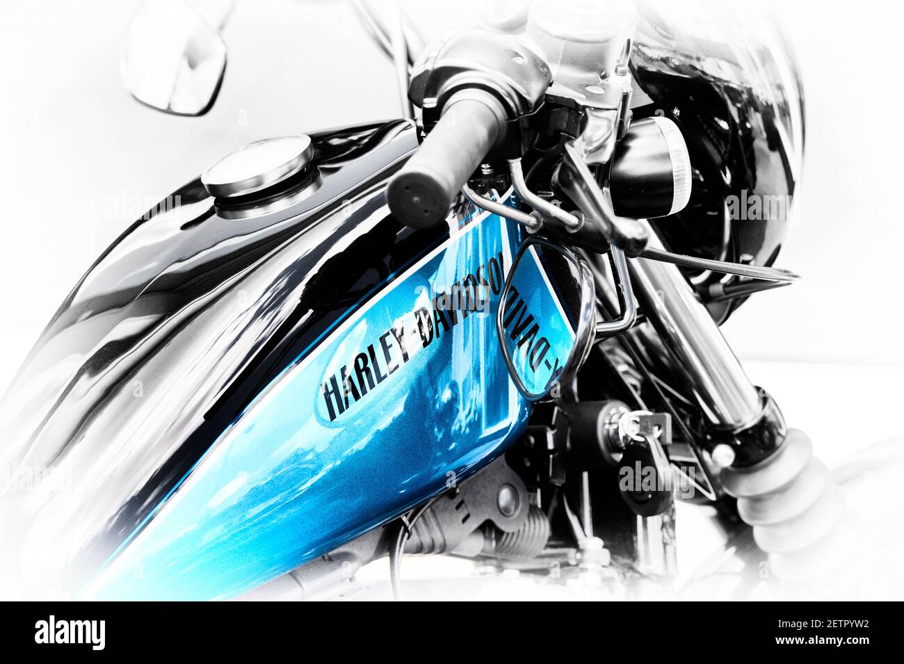 Harley Davidson Sportster Motorcycle Abstract. Blue Toned Black and White Stock Photo