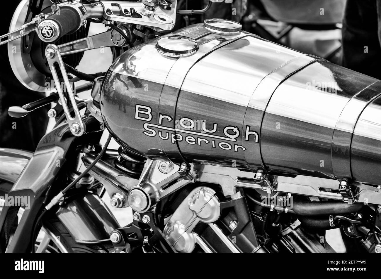 2016 Brough Superior SS100 Motorcycle. Classic British Motorcycle. Black and white Stock Photo