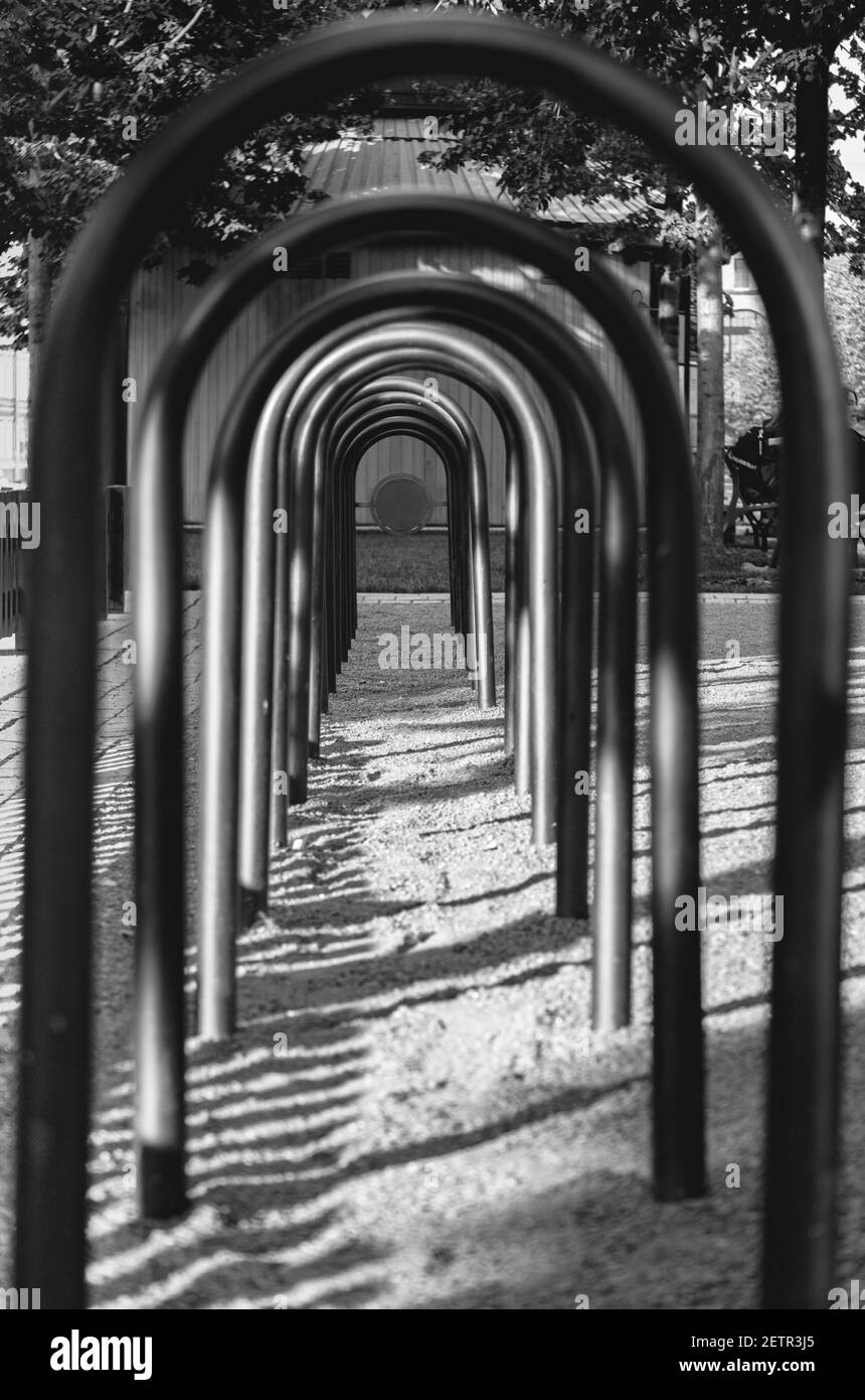 Abstract view of bicycle parking spot or place, black and white Stock Photo