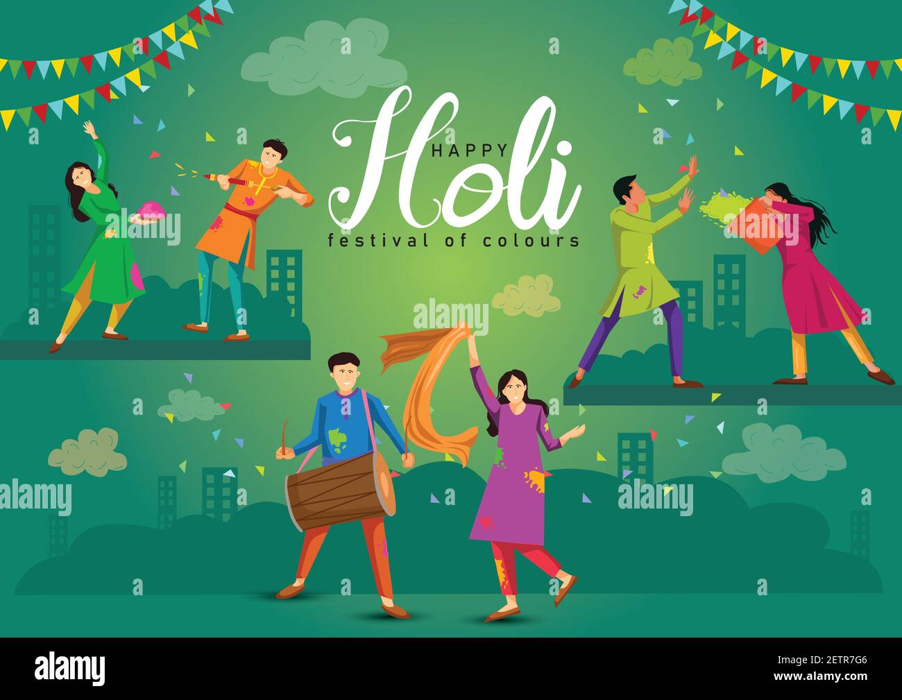 happy Holi Indian festival, poster, banner, template. Cartoon Young people  Playing Holi On colorful costume . vector illustration design Stock Vector  Image & Art - Alamy