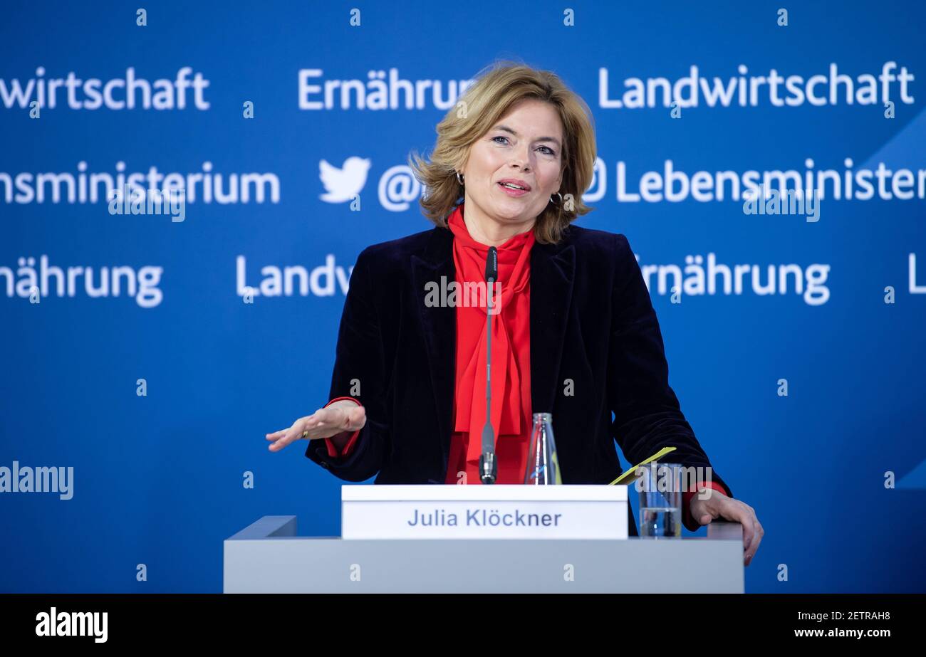 Berlin, Germany. 02nd Mar, 2021. At a press conference, Julia Klöckner (CDU), Federal Minister of Food and Agriculture, presents the results of the feasibility study on proposals of the Competence Network for Livestock Husbandry set up by the Ministry. The expert commission on the restructuring of animal husbandry, the so-called 'Borchert Commission', has made various proposals in this regard, including an animal welfare levy. Credit: Bernd von Jutrczenka/dpa/Alamy Live News Stock Photo
