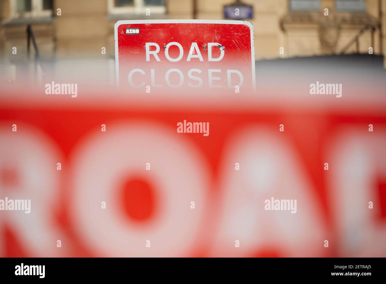 Birmingham city centre temporary red road closed metal street sign