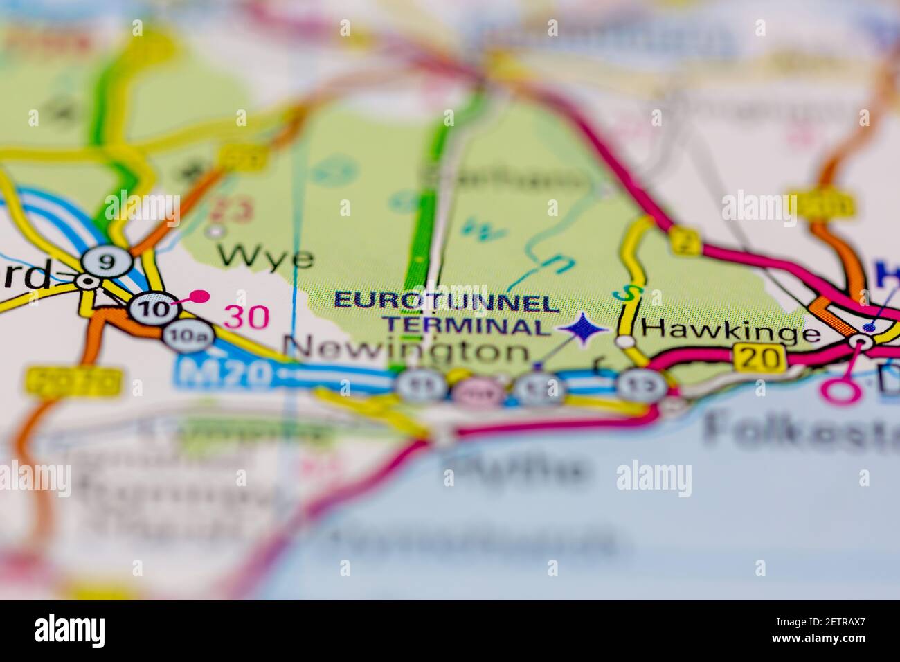 Eurotunnel terminal Shown on a road map or Geography map and atlas Stock Photo