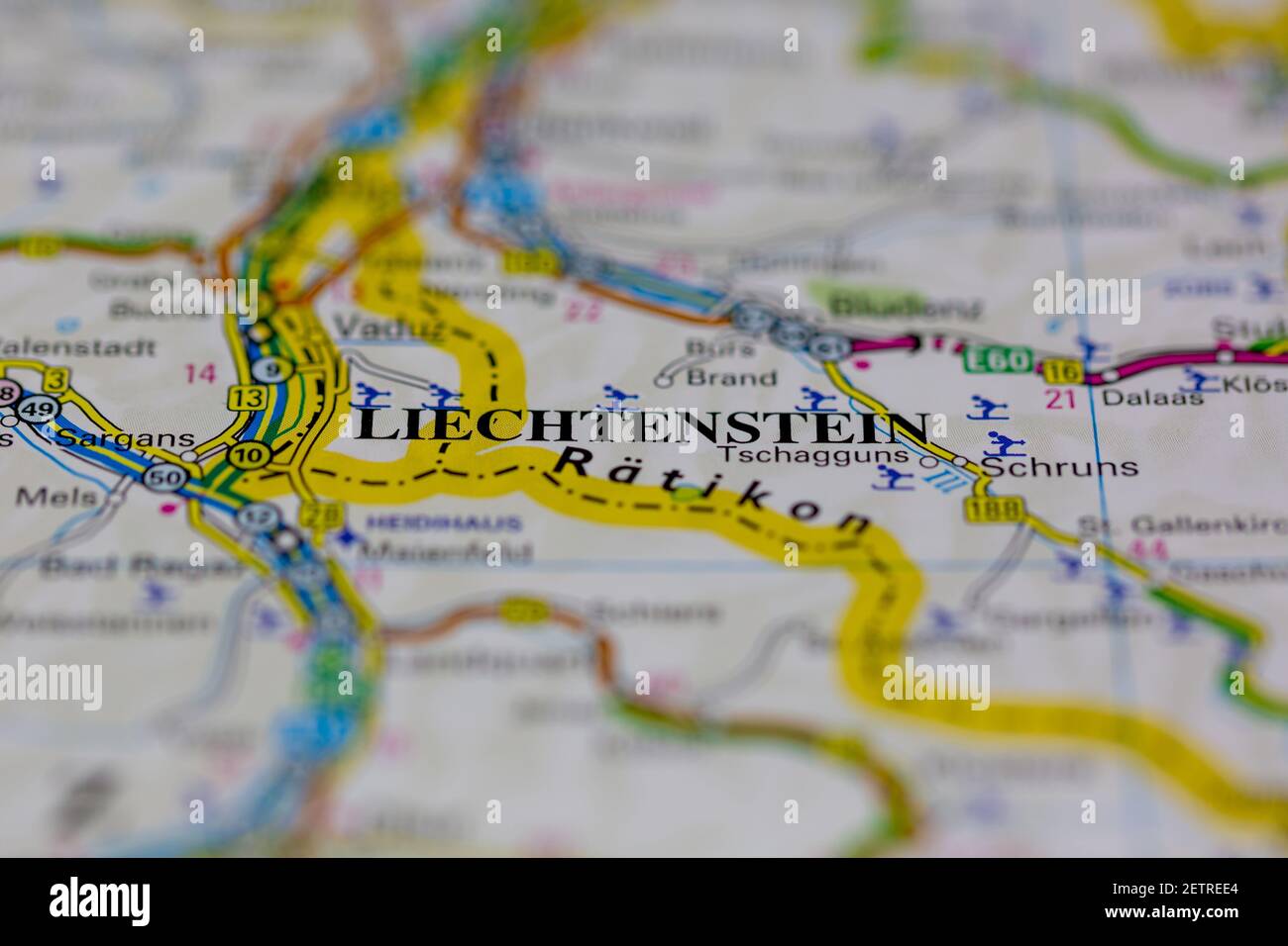 Liechtenstein Shown on a road map or Geography map and atlas Stock