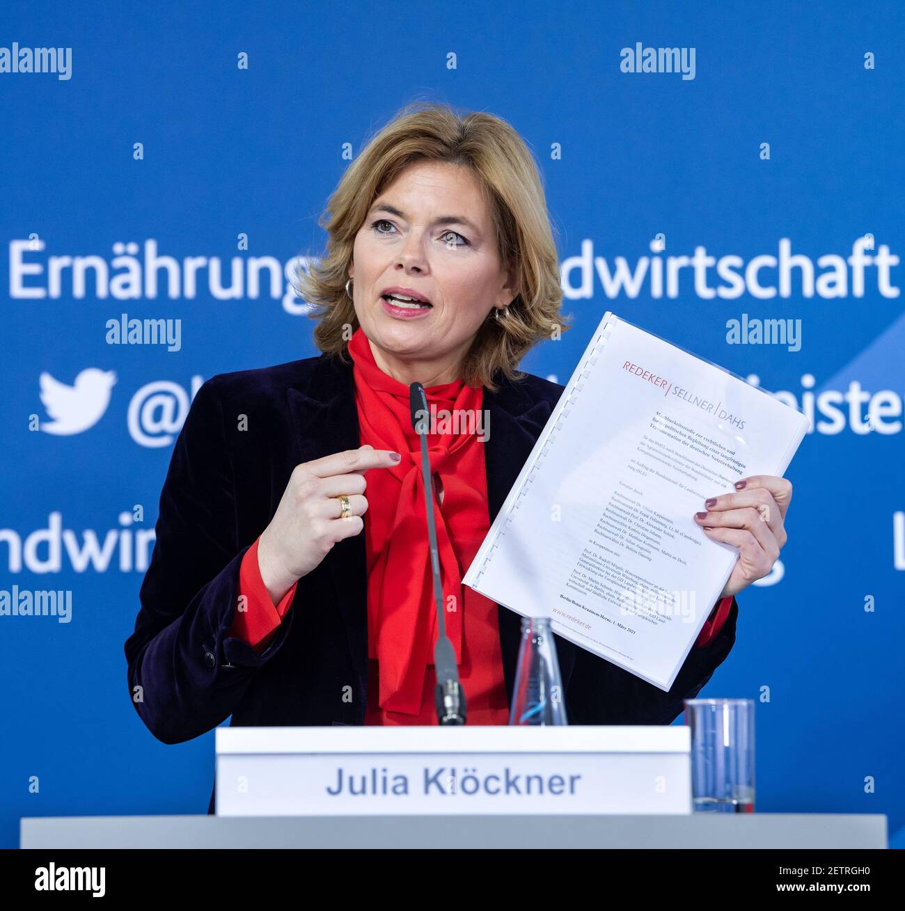 Berlin, Germany. 02nd Mar, 2021. Julia Klöckner (CDU), Federal Minister of Food and Agriculture, presents at a press conference the results of the feasibility study on the proposals of the Competence Network for Livestock Husbandry set up by the Ministry. The expert commission on the restructuring of animal husbandry, the so-called 'Borchert Commission', has made various proposals, including an animal welfare levy. Credit: Bernd von Jutrczenka/dpa/Alamy Live News Stock Photo