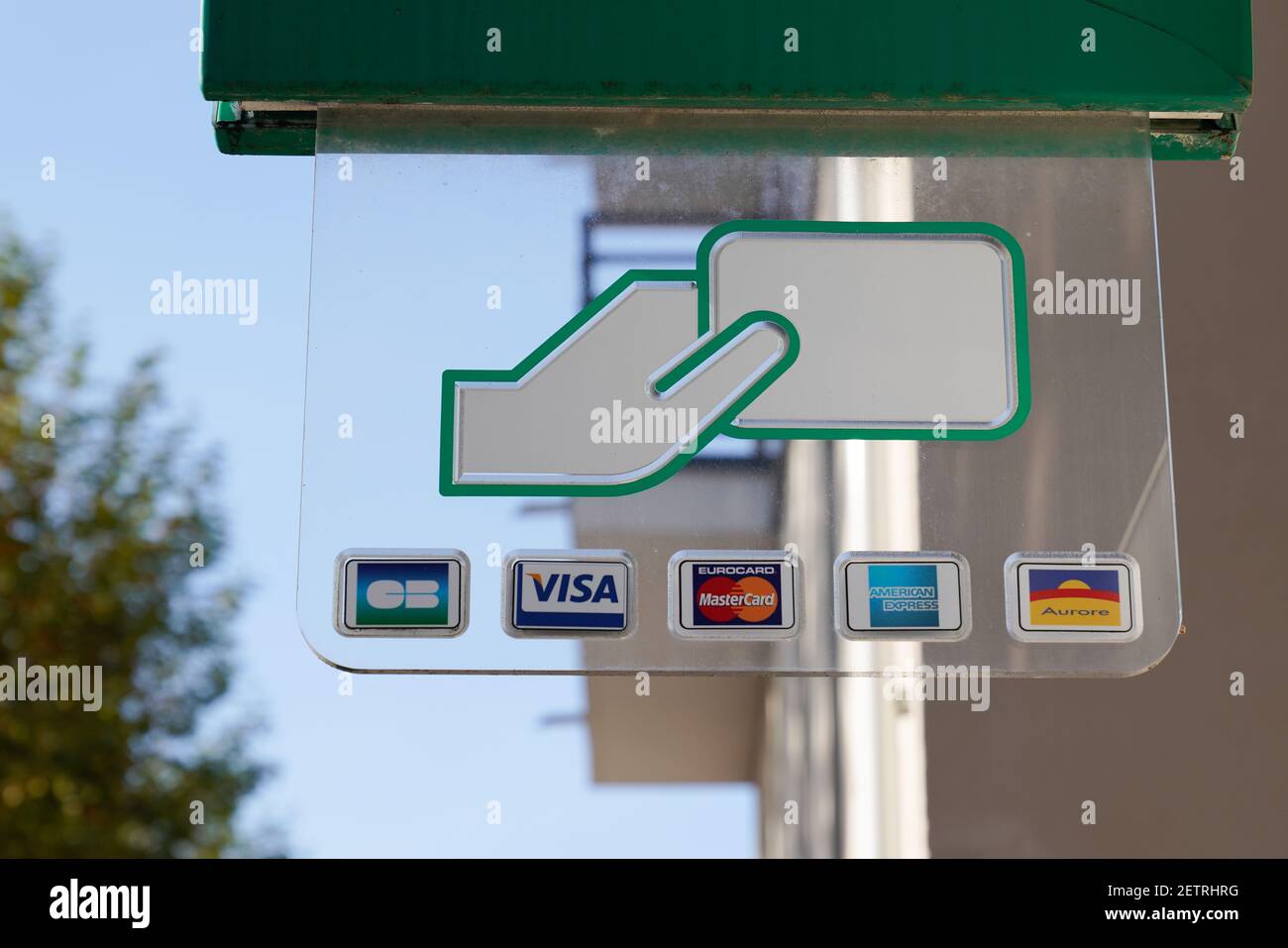 Bordeaux , Aquitaine  France - 12 28 2020 : Logos of accepted credit cards displayed in front of atm bank Stock Photo