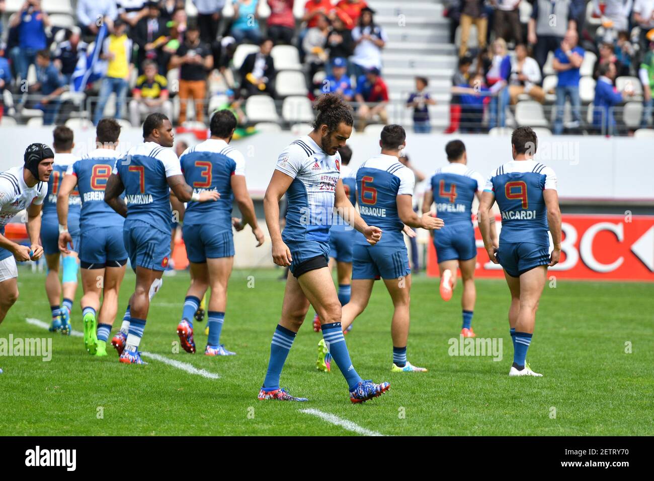 3. Jean Baptiste Mazoue 11. Sacha Valleau 9. Jeremy Aicardi 1.Jonathan  Laugel - Kenya 14 et la France 22 - HSBC Paris Sevens, The world rugby  elite at the Stade Jean Bouin