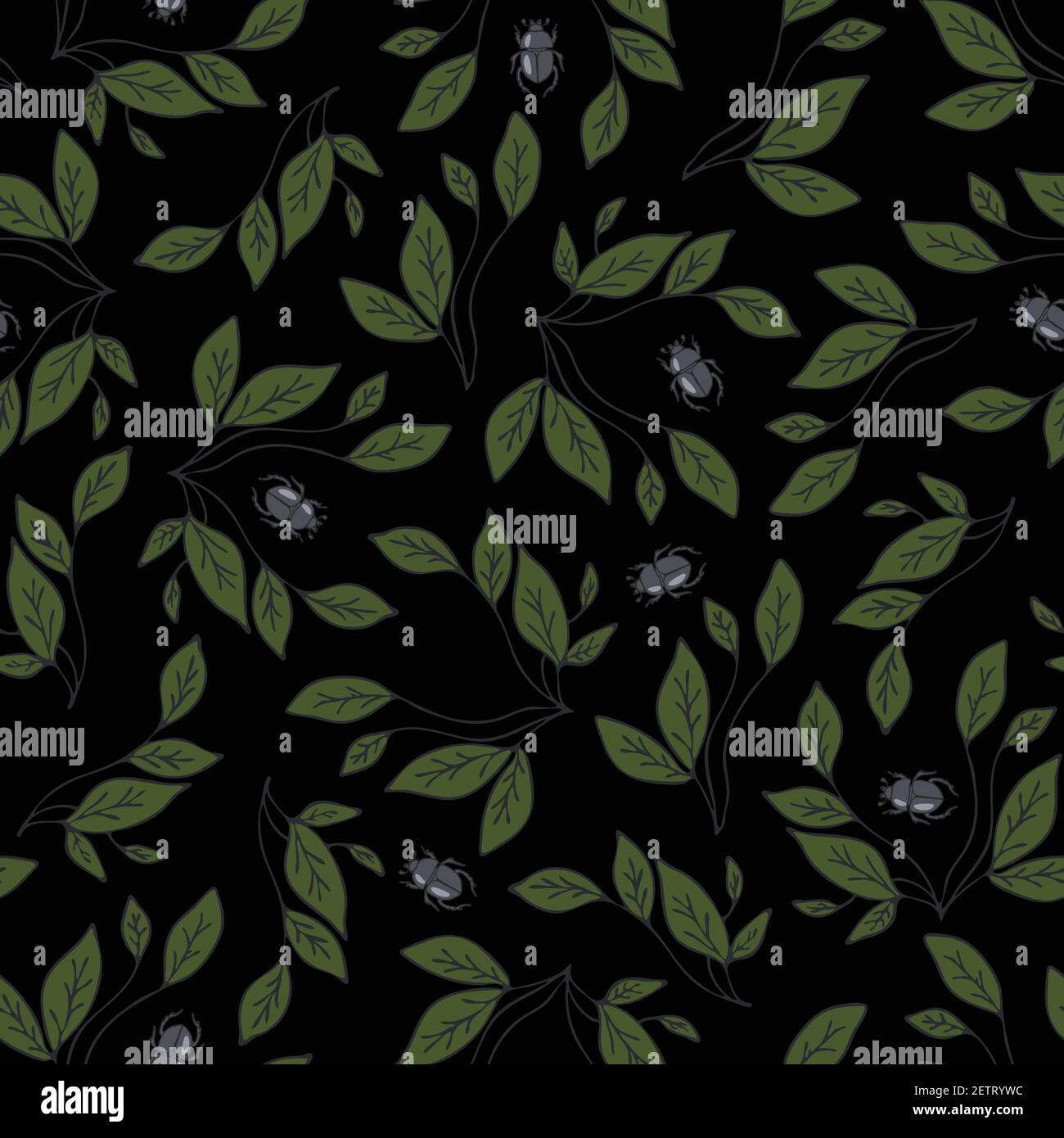 Seamless vector pattern with leaves and beetles. Bugs on black ...