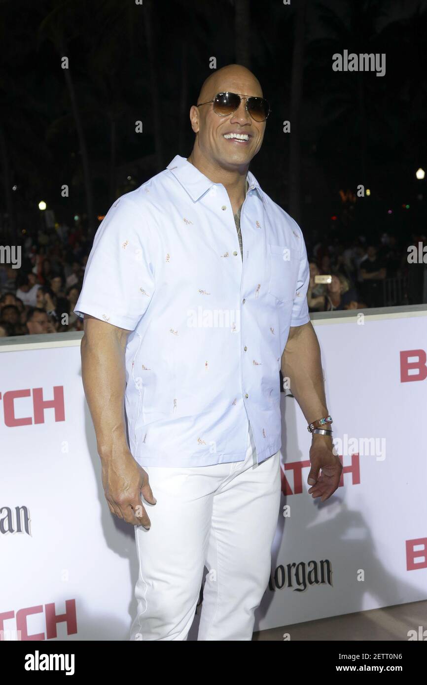 Dwayne Johnson is seen during arrivals at the Baywatch World Premier on