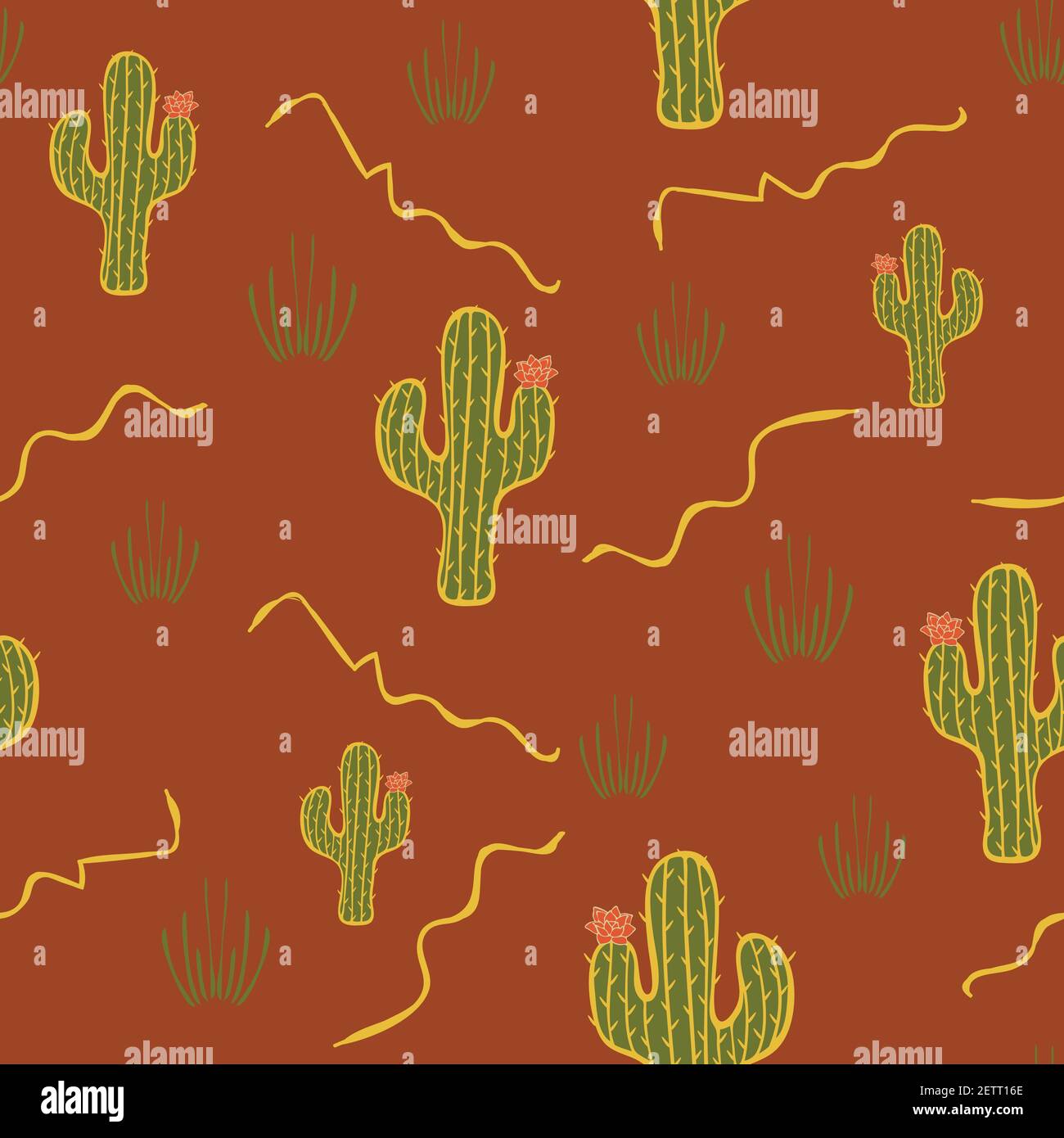 Seamless vector pattern with cactus plant on rusty brown background. Desert wallpaper design. Stock Vector