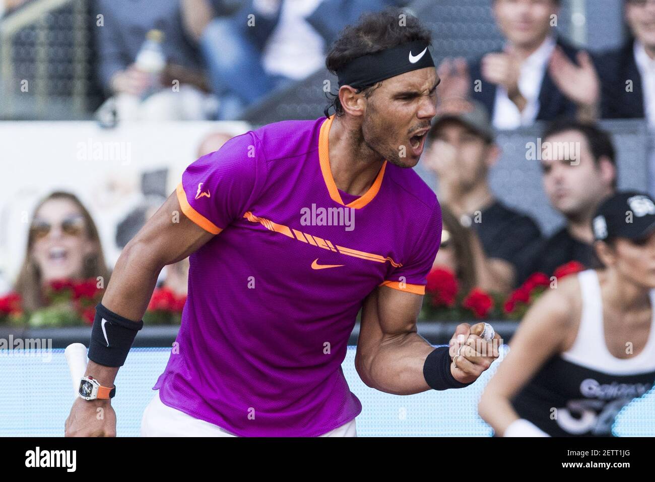Rafael Nadal beat Dominic Thiem 7-6 (10-8) 6-4 to win his fifth Madrid Open  title on May 14, 2017. Rafa Nadal during the ATP final of Mutua Madrid Open Tennis  2017 at